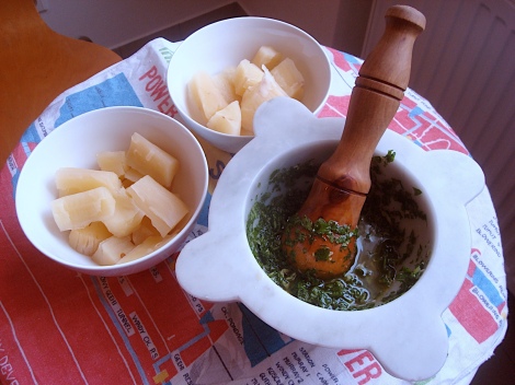 boiled yucca and chimichurri